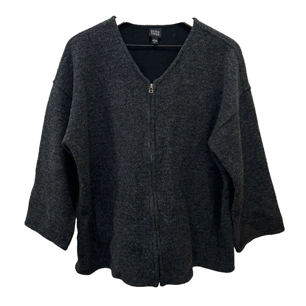 Eileen Fisher Women's Gray Lambswool Cotton Full Zip Cardigan Jacket Medium